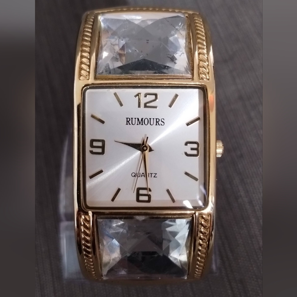 Rumours Bangle Bracelet Quartz Watch Hinge Open/Close & Large Square Rhinestones - Picture 2 of 13